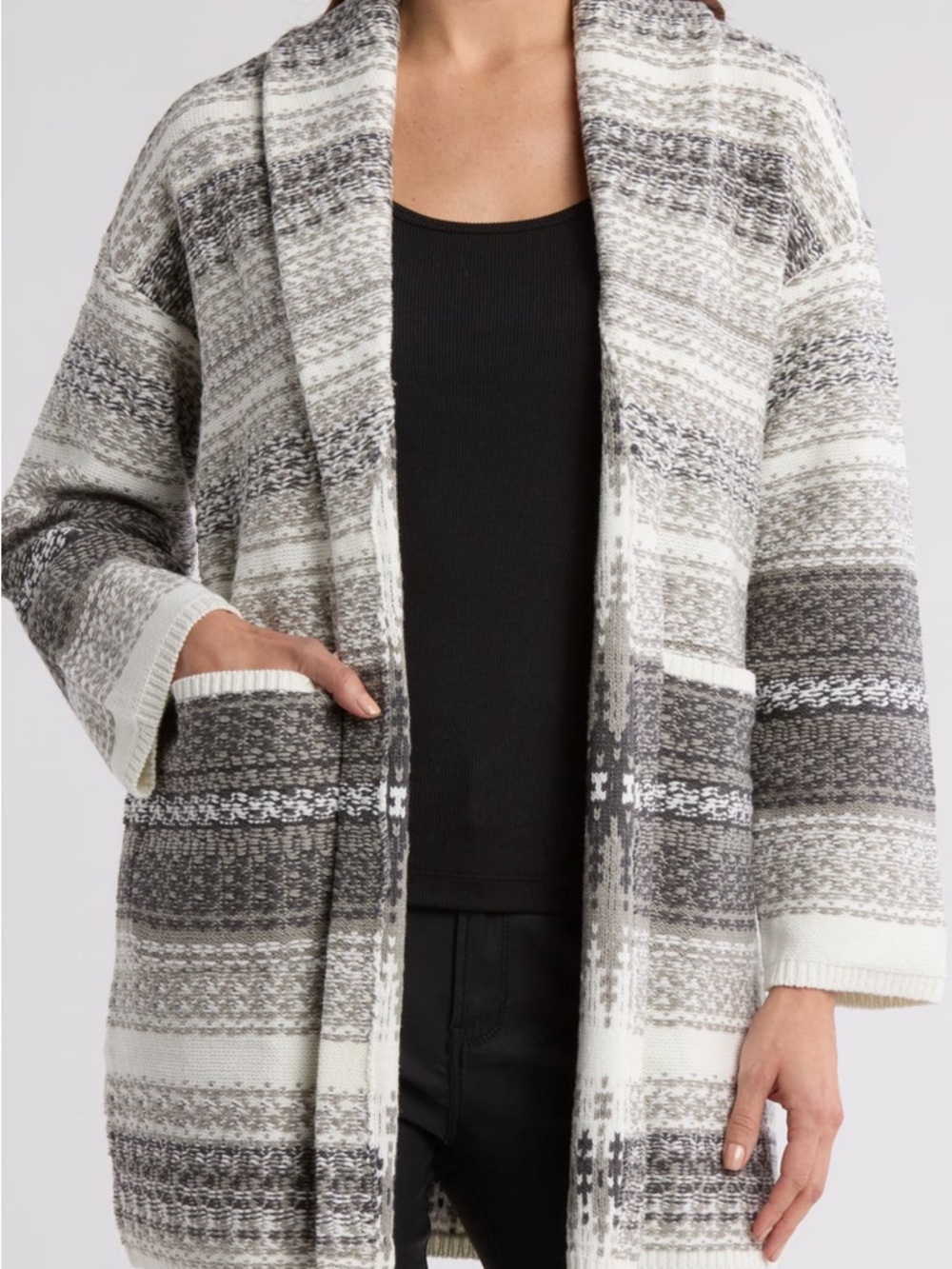 Lucky Brand Gray & White Open-Front Knit Cardigan